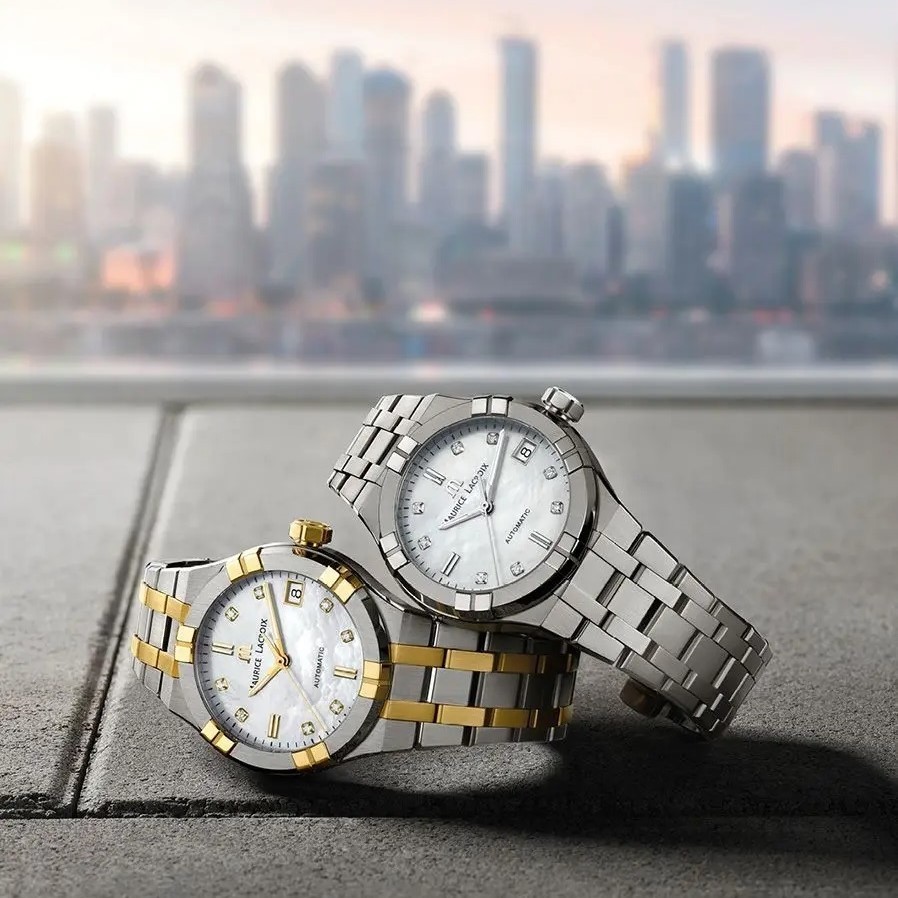 Maurice Lacroix AIKON Auto Ladies, 35 mm, nacre blanche, 8 diamants, bracelet en acier bicolore