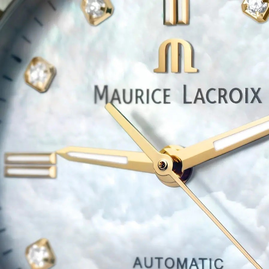 Maurice Lacroix AIKON Auto Ladies, 35 mm, nacre blanche, 8 diamants, bracelet en acier bicolore