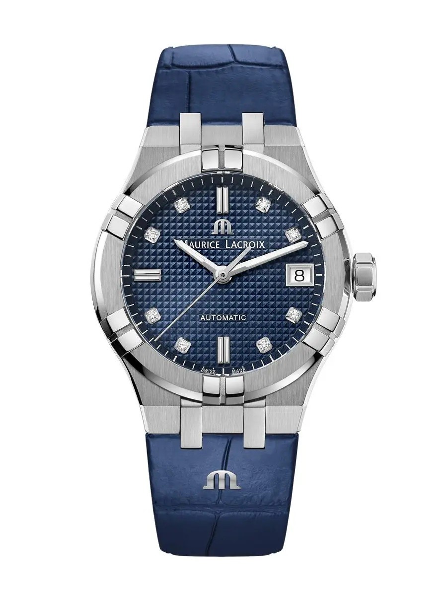 Maurice Lacroix AIKON Auto Ladies 35mm, bleu, 8 diamants, bracelet en cuir bleu