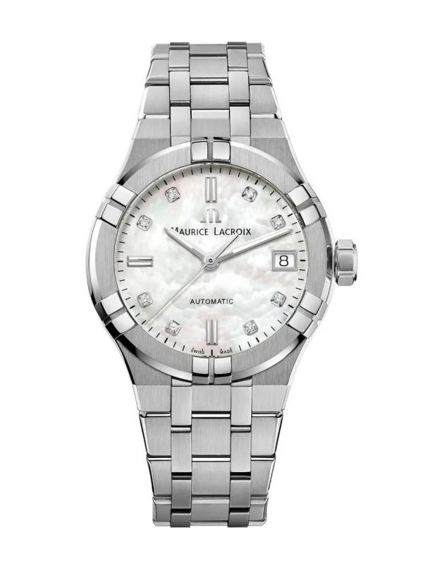 Maurice Lacroix AIKON Auto Ladies 35mm, nacre blanche, 8 diamants, bracelet en acier