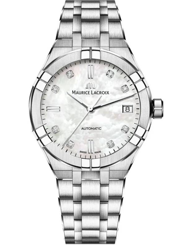 Maurice Lacroix AIKON Auto Date 39mm, nacre blanche, 8 diamants, bracelet en acier