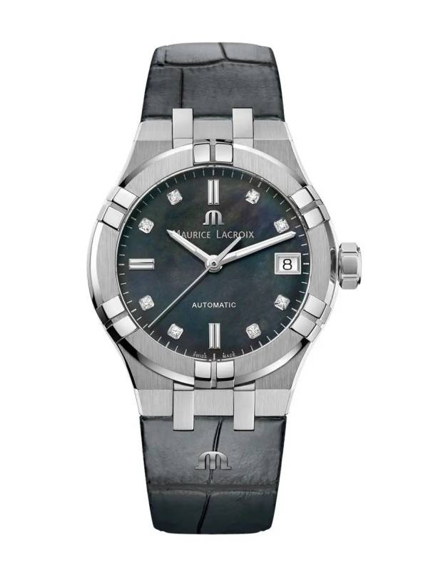 Maurice Lacroix AIKON Auto Ladies, 35mm, nacre noire, 8 diamants, bracelet en cuir noir