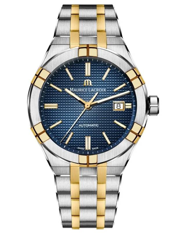 Maurice Lacroix AIKON Auto Date 42mm, bleu, bracelet en acier bicolore