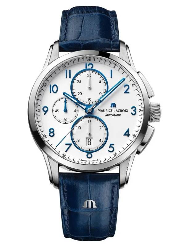 Maurice Lacroix PONTOS Chronograph 43mm, cadran blanc, bracelet en cuir bleu