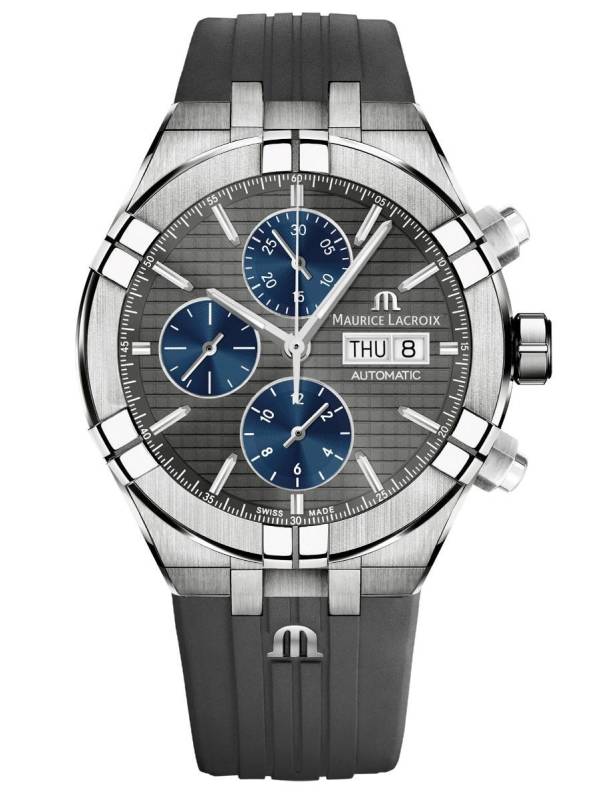 Maurice Lacroix AIKON Automatic Chronograph Titane, 44mm, gris / bleu, bracelet en caoutchouc gris