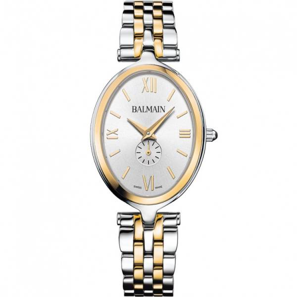 Montre Balmain quartz, collection Haute Elegance Ovale, boîtier bicolore acier-PVD jaune, cadran argenté, verre saphir, bracelet bicolore acier-PVD jaune.