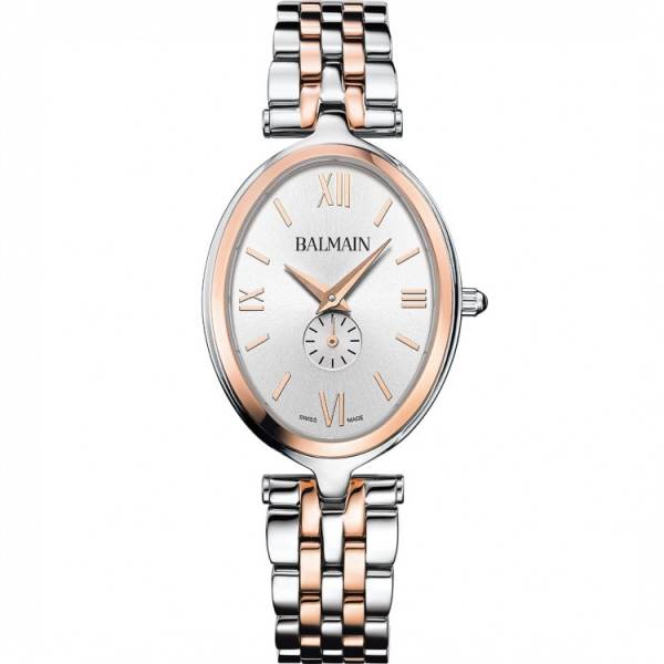 Montre Balmain quartz, collection Haute Elegance Ovale, boîtier bicolore acier-PVD rose, cadran argenté, verre saphir, bracelet bicolore acier-PVD rose.
