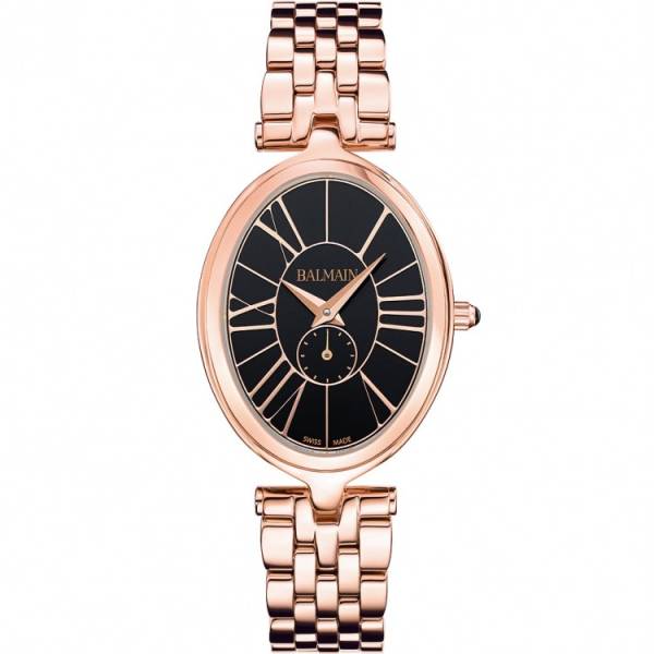 Montre Balmain quartz, collection Haute Elegance Oval, boîtier acier-PVD rose, cadran noir, verre saphir, bracelet acier-PVD rose.