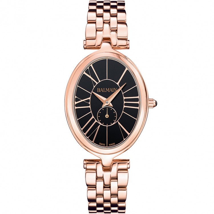 Montre Balmain quartz, collection Haute Elegance Oval, boîtier acier-PVD rose, cadran noir, verre saphir, bracelet acier-PVD rose.