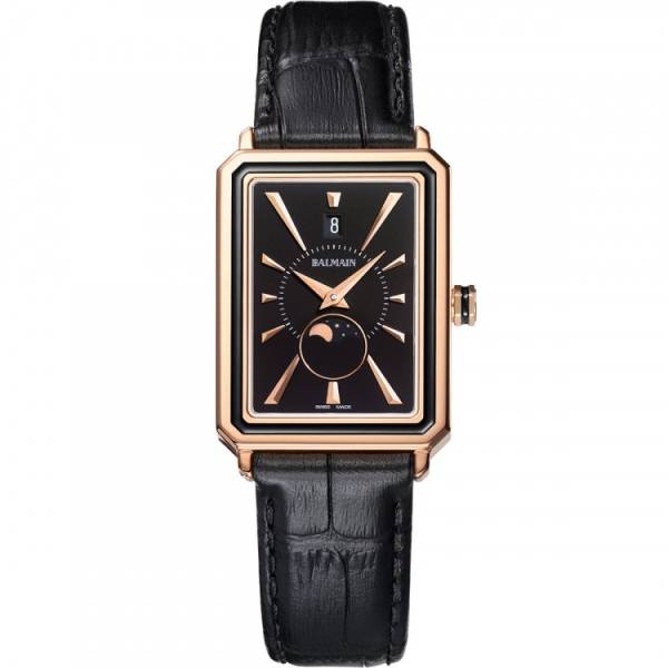Balmain, Eirini, phase de lune, acier PVD rose, noir, verre saphir, bracelet cuir noir, quartz