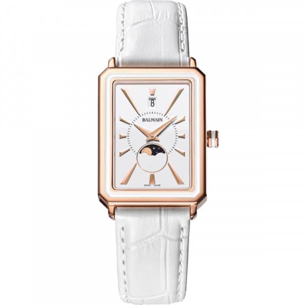 Balmain, Eirini,phase de lune, acier PVD rose, blanc, verre saphir, bracelet cuir blanc, quartz