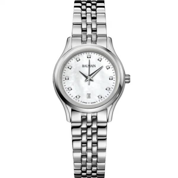 Montre Balmain quartz, collection Beleganza, boîtier acier, cadran nacre avec 11 diamants, verre saphir, bracelet acier.