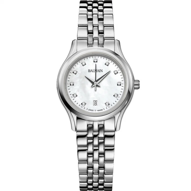 Balmain-Quarzuhr, Beleganza-Kollektion, Stahlgehäuse, Perlmuttzifferblatt mit 11 Diamanten, Saphirglas, Stahlarmband.