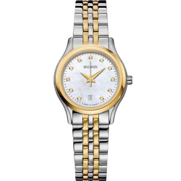Montre Balmain quartz, collection Beleganza, boîtier bicolore acier-PVD jaune, cadran nacre avec 11 diamants, verre saphir, bracelet bicolore acier-PVD jaune.