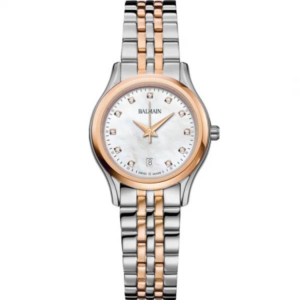 Montre Balmain quartz, collection Beleganza, boîtier bicolore acier-PVD rose, cadran nacre avec 11 diamants, verre saphir, bracelet bicolore acier-PVD rose.