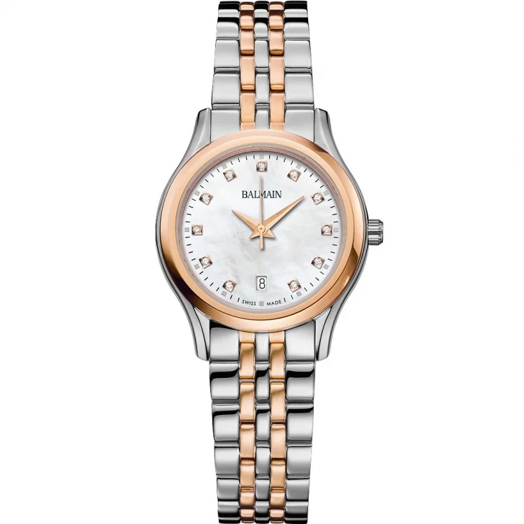 Montre Balmain quartz, collection Beleganza, boîtier bicolore acier-PVD rose, cadran nacre avec 11 diamants, verre saphir, bracelet bicolore acier-PVD rose.