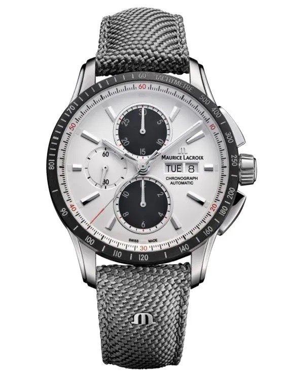 Maurice Lacroix PONTOS S Chronograph 43mm, cadran blanc/gris, bracelet textile gris