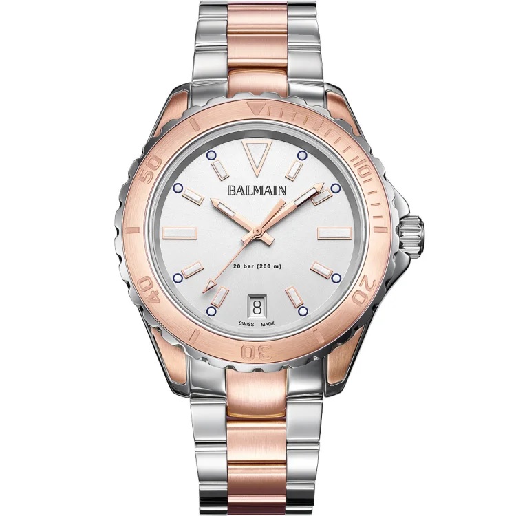 Balmain Quarzuhr, Kollektion Ophrys, zweifarbiges Gehäuse aus Stahl mit rosafarbener PVD-Beschichtung, silberfarbenes Zifferblatt, Saphirglas, zweifarbiges Stahlarmband.