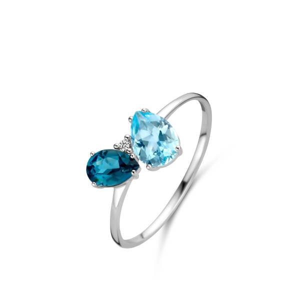 Bague or blanc 750/18 ct. avec 1 Diamant 0.01 ct., 1 Topaze Sky Blue, 1 Topaze Blue London