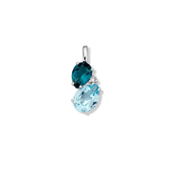 Pendentif or blanc 750/18 ct. avec 1 Diamant 0.01 ct., 1 Topaze Sky Blue, 1 Topaze Blue London