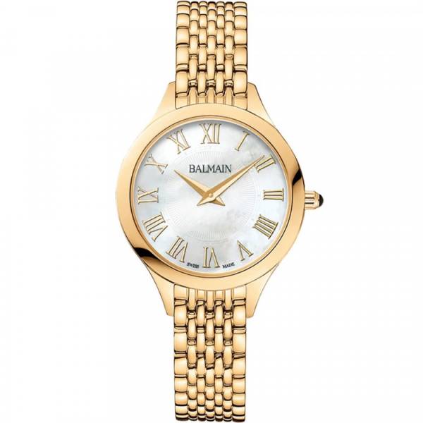 Montre Balmain quartz, collection Balmain de Balmain, boîtier acier PVD jaune, 29 mm, cadran nacre, verre saphir, bracelet en acier PVD jaune.