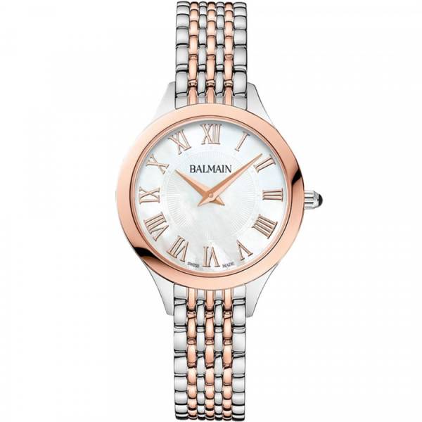 Montre Balmain quartz, collection Balmain de Balmain, boîtier acier PVD rose, 29 mm, cadran nacre, verre saphir, bracelet en acier PVD rose.