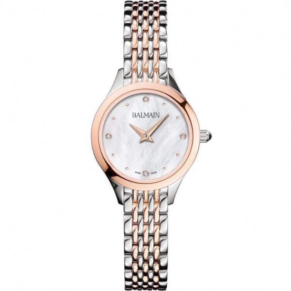 Montre Balmain quartz, collection Balmain de Balmain, boîtier bicolore acier et PVD rose, 25 mm, cadran nacre, verre saphir, bracelet bicolore en acier et PVD rose. Cadran serti de 4 diamants