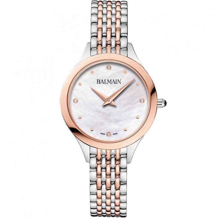 Montre Balmain quartz, collection Balmain de Balmain, boîtier bicolore acier et PVD rose, 29 mm, cadran nacre, verre saphir, bracelet bicolore en acier et PVD rose. Cadran serti de 4 diamants