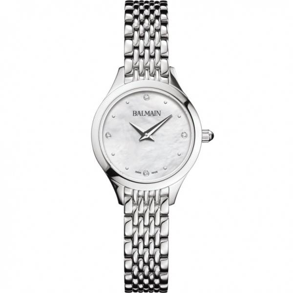 Montre Balmain quartz, collection Balmain de Balmain, boîtier acier, 25 mm, cadran nacre, verre saphir, bracelet acier. Cadran serti de 4 diamants