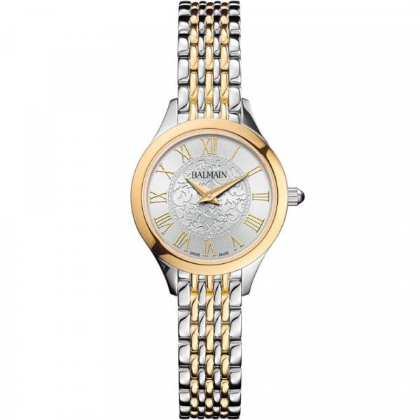 Montre Balmain quartz, collection Balmain de Balmain, boîtier bicolore acier et PVD jaune, 25 mm, cadran argenté avec arabesques et chiffres romains, verre saphir, bracelet bicolore acier et PVD jaune
