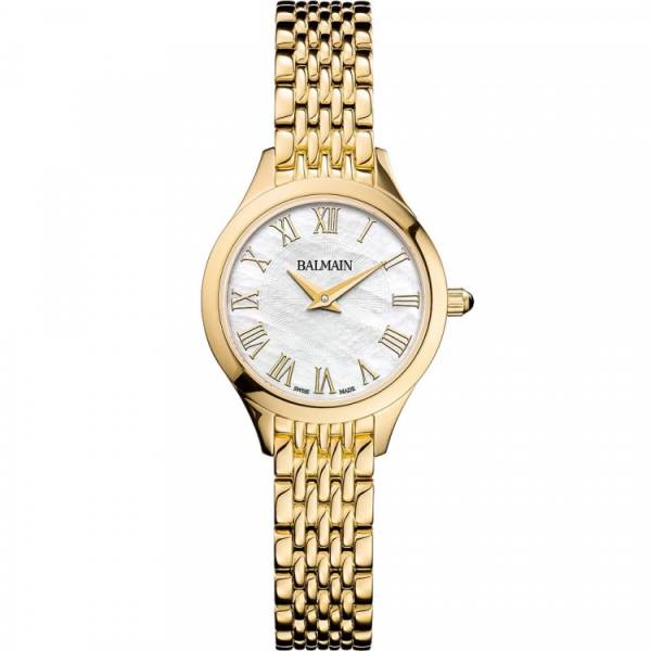 Montre Balmain quartz, collection Balmain de Balmain, boîtier acier PVD jaune, 25 mm, cadran nacre avec chiffres romains, verre saphir, bracelet en acier PVD jaune.