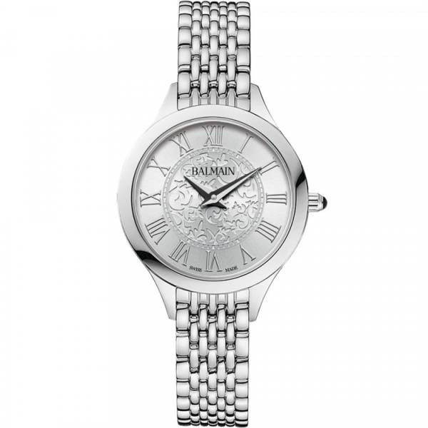 Montre Balmain quartz, collection Balmain de Balmain, boîtier acier, 29 mm, cadran argenté avec arabesques, verre saphir, bracelet acier.