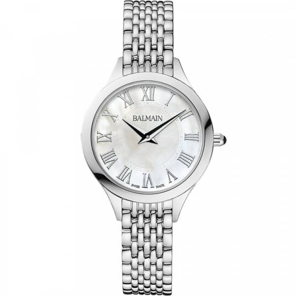 Montre Balmain quartz, collection Balmain de Balmain, boîtier acier, 29 mm, cadran nacre avec chiffres romains, verre saphir, bracelet acier.