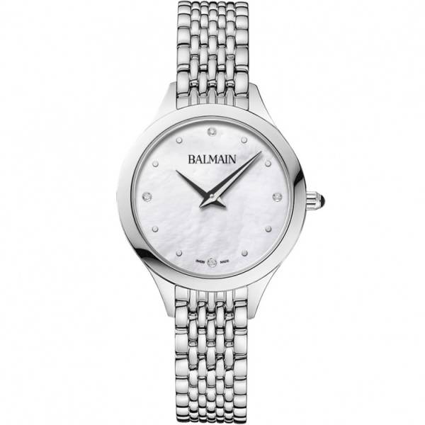 Montre Balmain quartz, collection Balmain de Balmain, boîtier acier, 29 mm, cadran nacre, verre saphir, bracelet acier. Cadran serti de 4 diamants