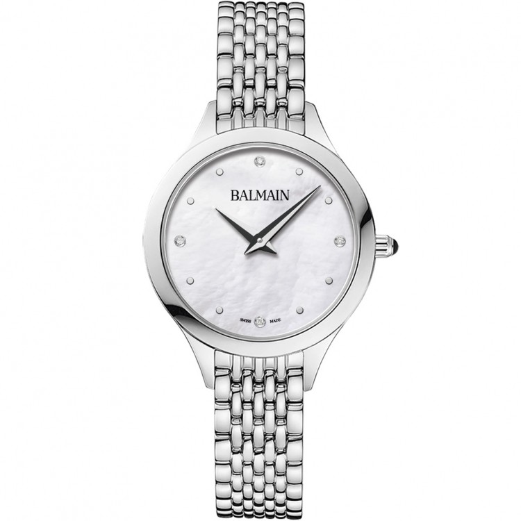 Montre Balmain quartz, collection Balmain de Balmain, boîtier acier, 29 mm, cadran nacre, verre saphir, bracelet acier. Cadran serti de 4 diamants