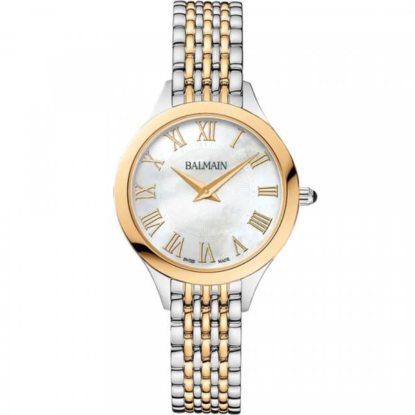 Montre Balmain quartz, collection Balmain de Balmain, boîtier acier PVD jaune, 29 mm, cadran nacre, verre saphir, bracelet en acier et PVD jaune.