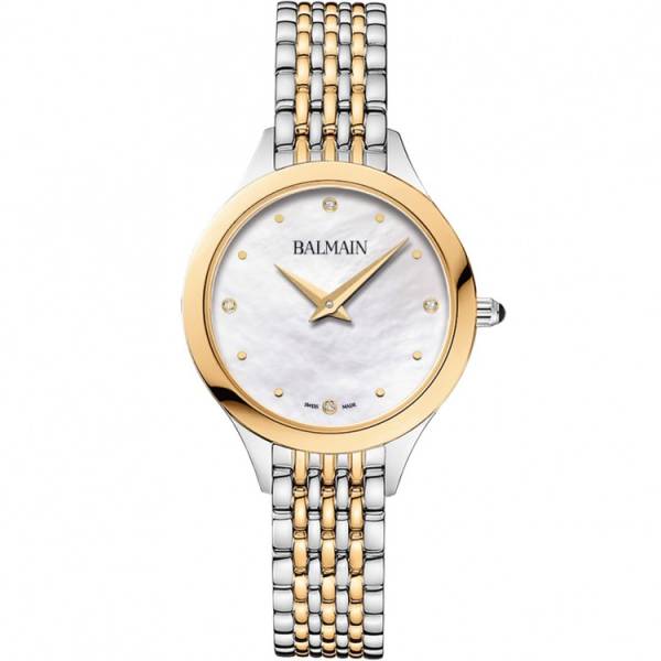 Montre Balmain quartz, collection Balmain de Balmain, boîtier bicolore acier et PVD jaune, 29 mm, cadran nacre, verre saphir, bracelet bicolore en acier et PVD jaune. Cadran serti de 4 diamants