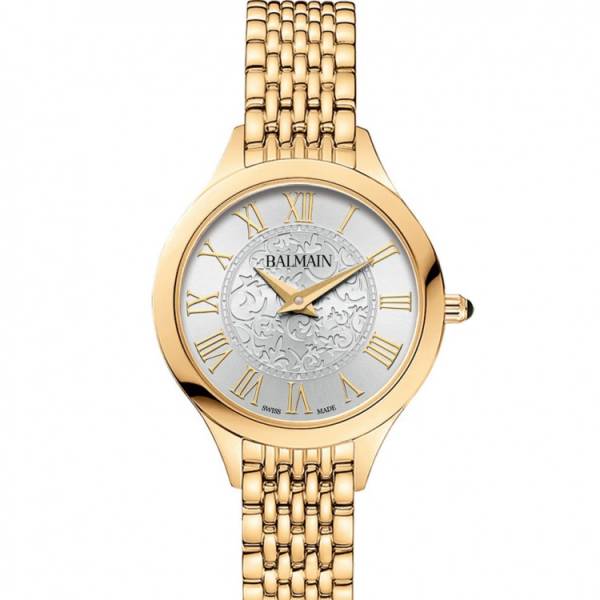 Montre Balmain quartz, collection Balmain de Balmain, boîtier acier PVD jaune, 29 mm, cadran argenté avec chiffres romains, verre saphir, bracelet en acier PVD jaune.