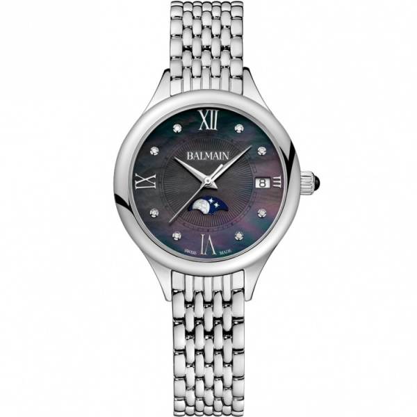 Montre Balmain quartz, collection Balmain de Balmain, boîtier acier , 31 mm, cadran nacre, verre saphir, bracelet en acier. Cadran serti de 8 diamants