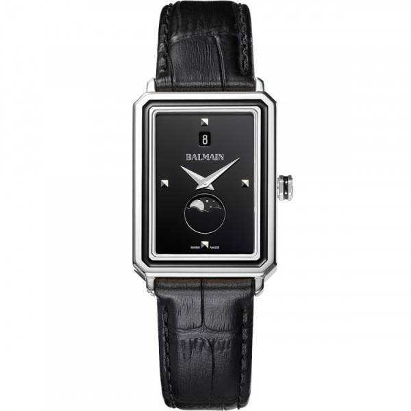 Balmain Eirini rectangle cadran noir phase de lune et date bracelet en cuir