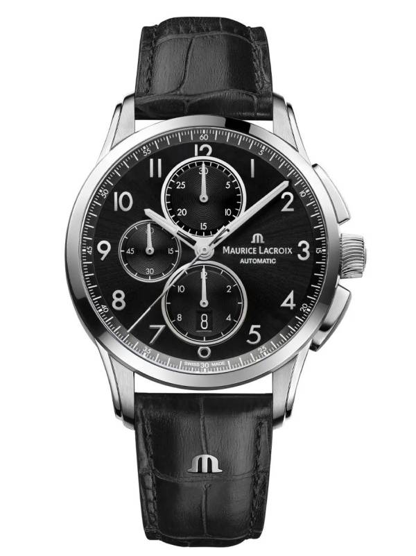 Maurice Lacroix PONTOS Chronograph 43mm, cadran noir, bracelet en cuir noir