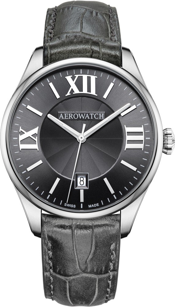 Aerowatch, Les Grandes Classiques Quartz, anthrazitfarbenes Zifferblatt, graues Leder