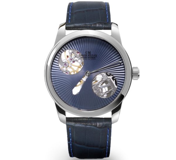 Montre Claude Meylan Fenêtre sur temps, cadran bleu, 42 mm