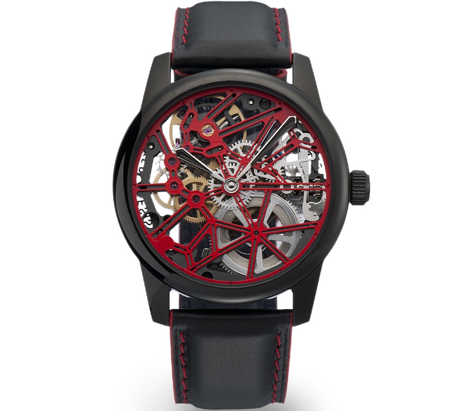 Montre Claude Meylan 42mm squelette, cadran rouge.