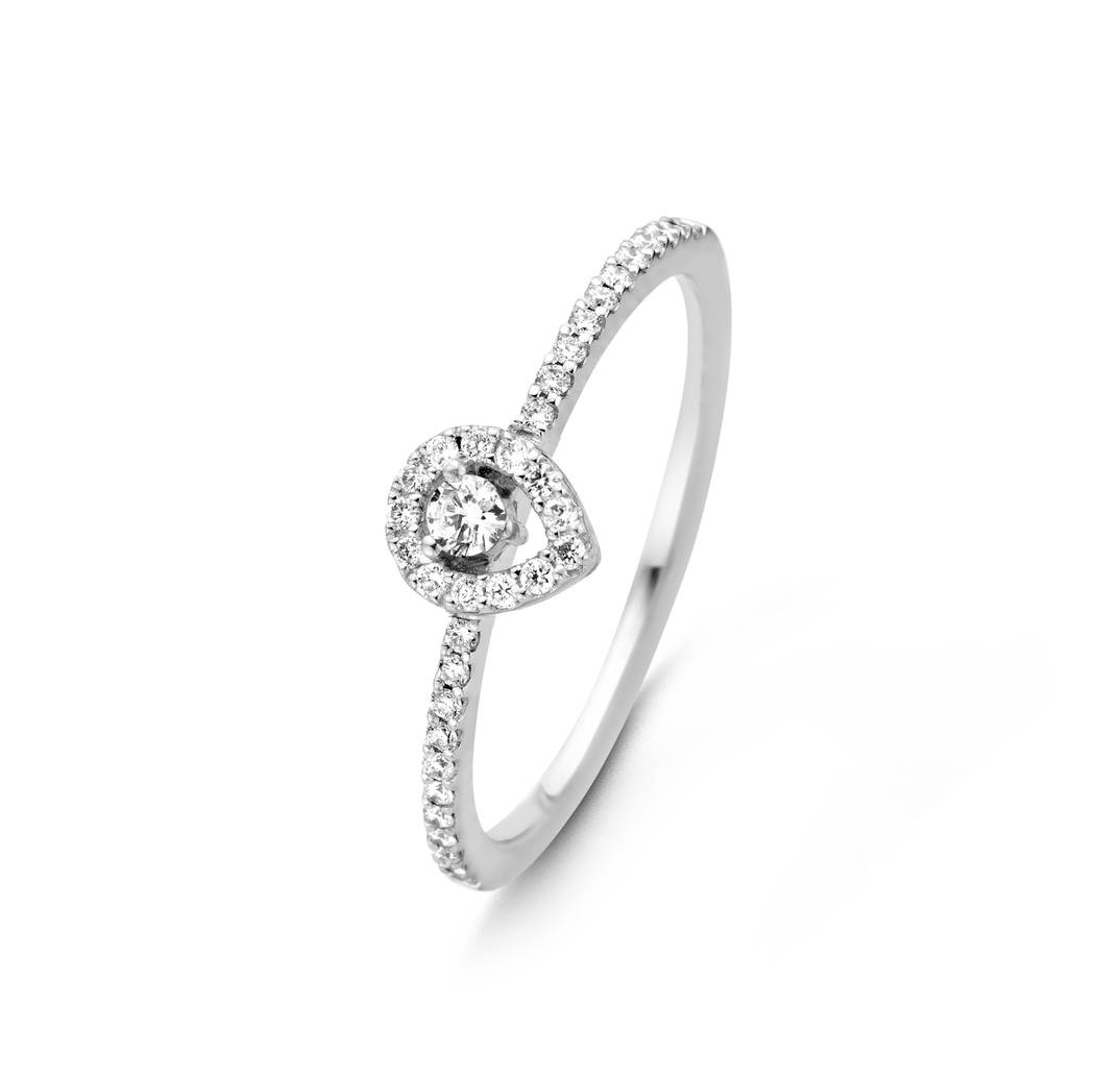 Ring aus Weißgold 750/18 ct. 1 Diamant 0,05 ct. H si, 35 Diamanten 0,14 ct. H si