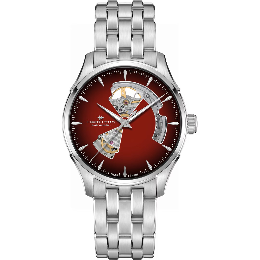 Montre Hamilton Jazzmaster Open Heart rouge, bracelet acier 