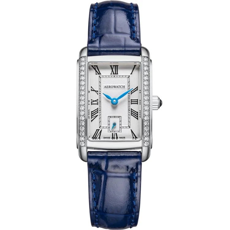 Montre Aérowatch Mini Intuition, Diamants, rectangle, bracelet bleu