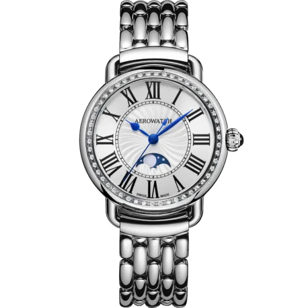 Montre Aerowatch 1942 Mondphase Diamonds, cadran argenté.