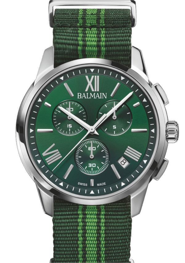 Montre Balmain Madrigal 42mm, cadran vert et bracelet.