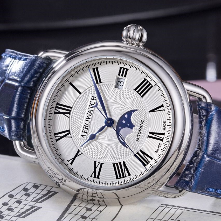 Montre Aerowatch Phases de lune, cadran argenté et bleu